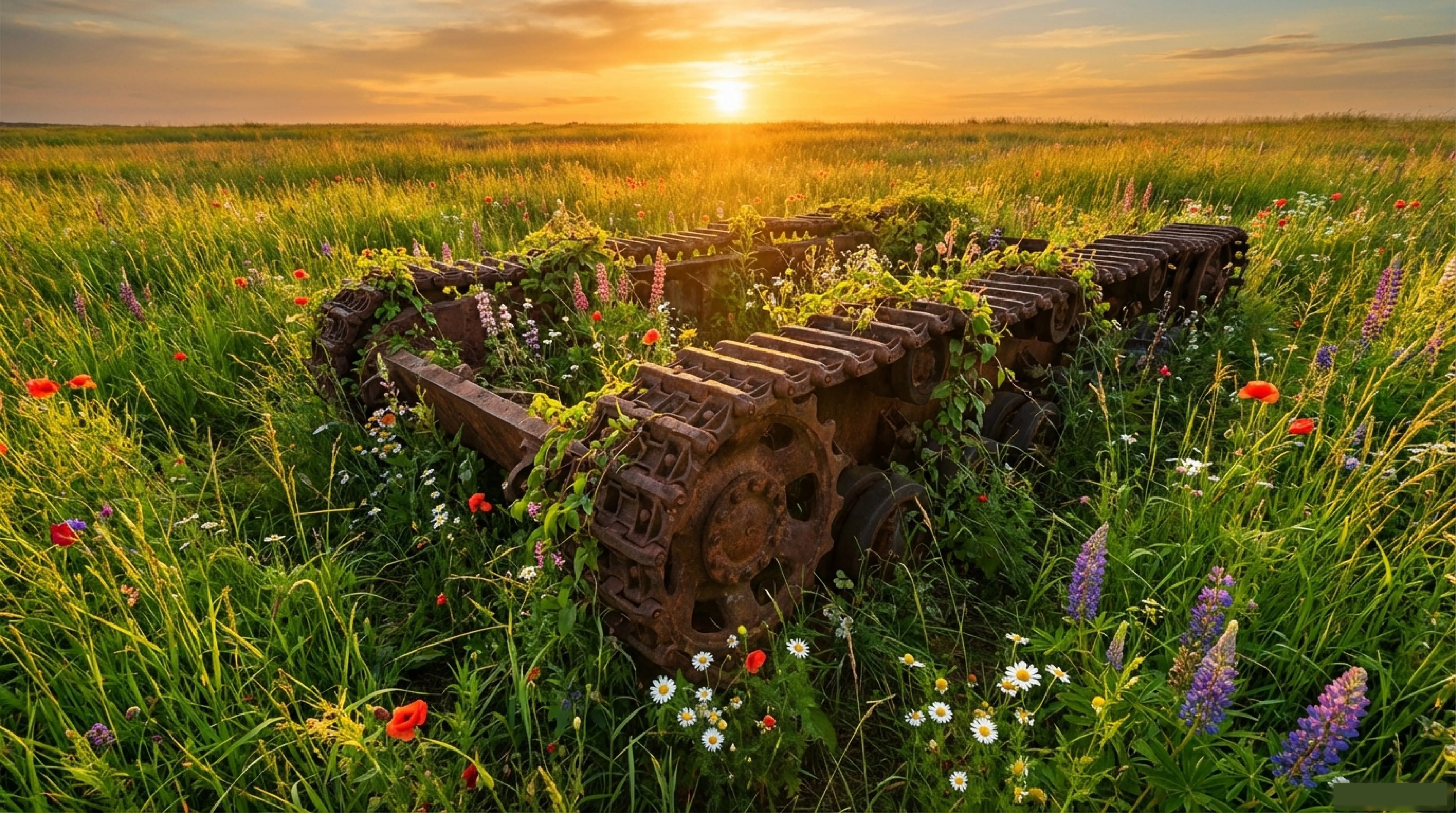 Restos oxidados de un tanque cubiertos de vegetación y flores en un campo.
