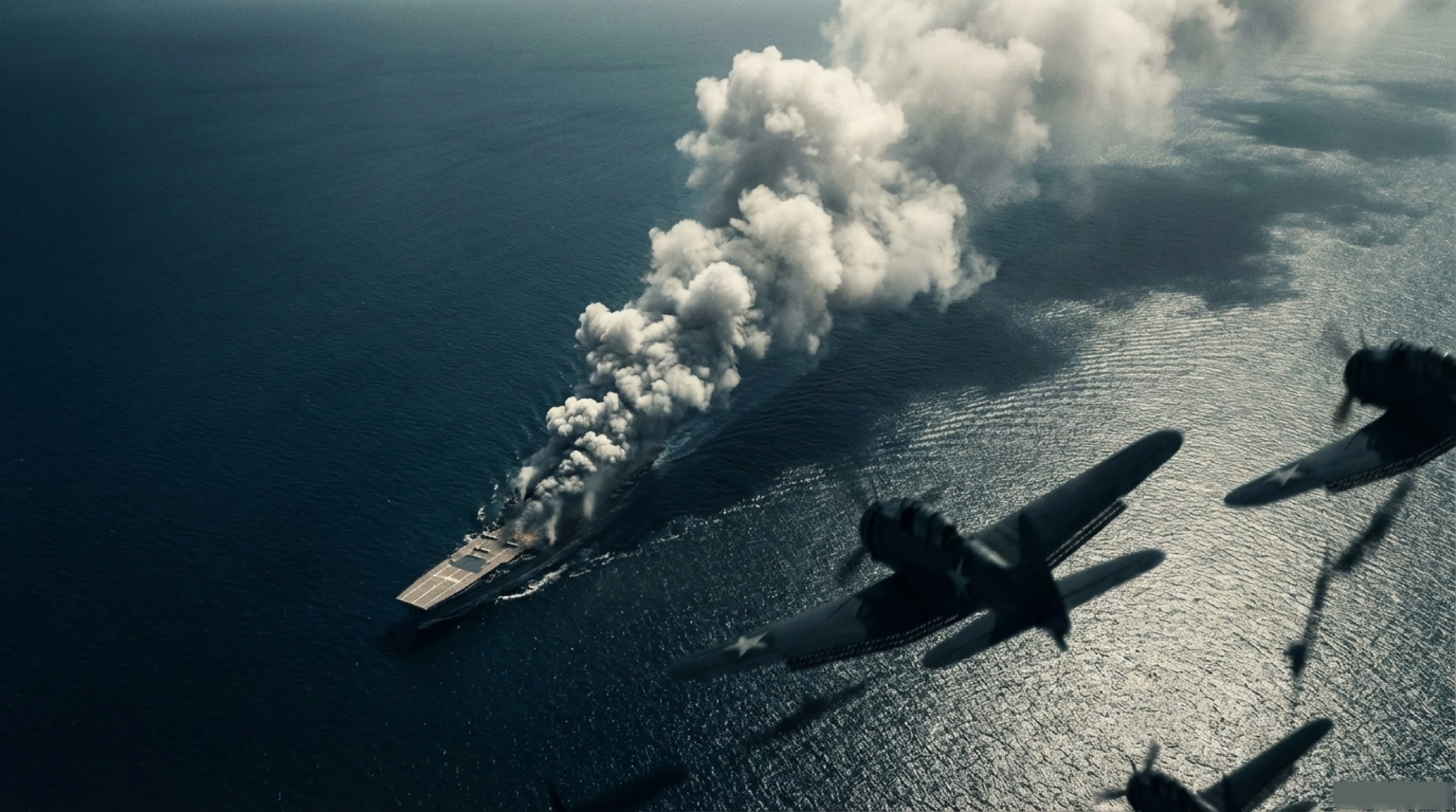 Un portaaviones en el océano emite una gran columna de humo mientras aviones vuelan cerca.