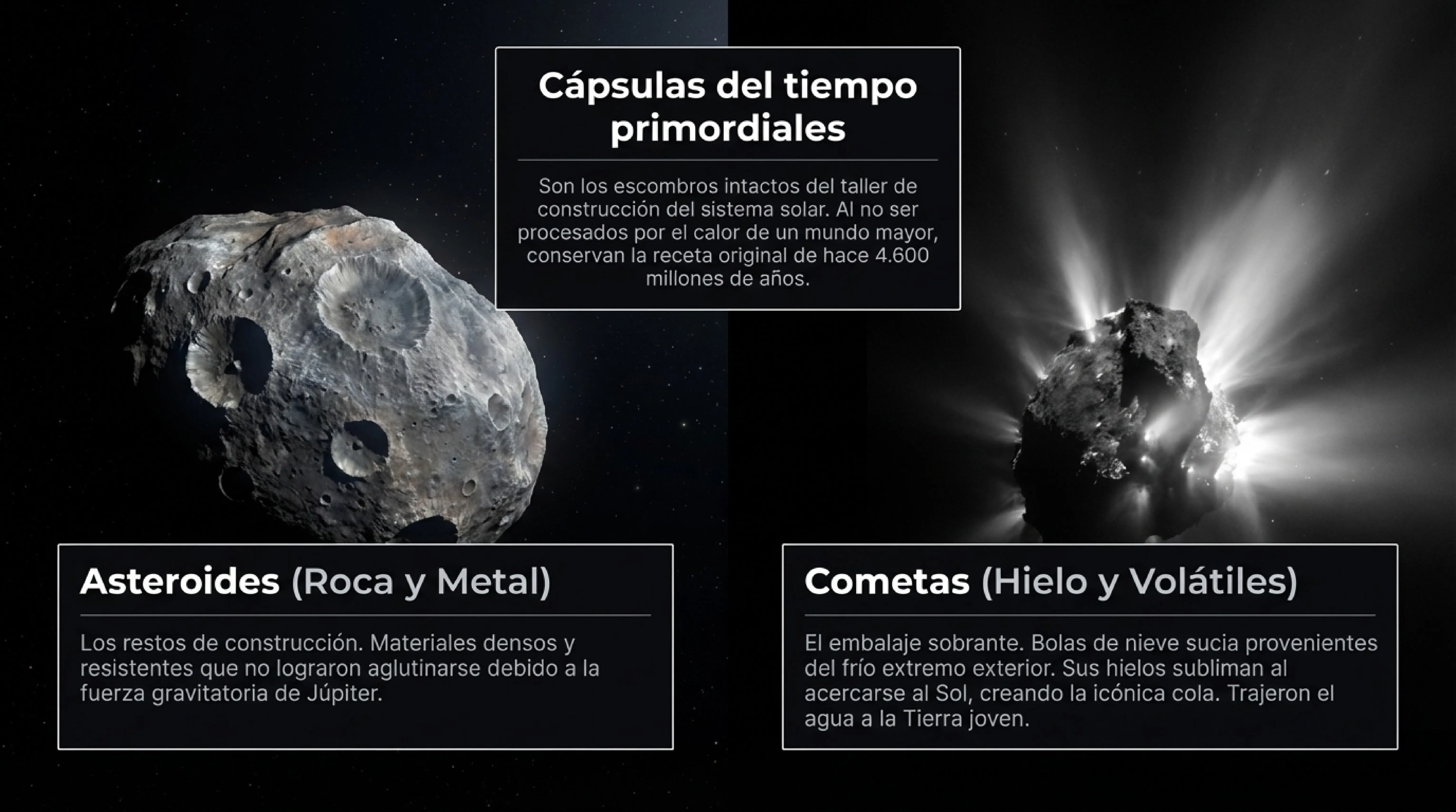 Comparación entre un asteroide rocoso y un cometa con cola brillante.