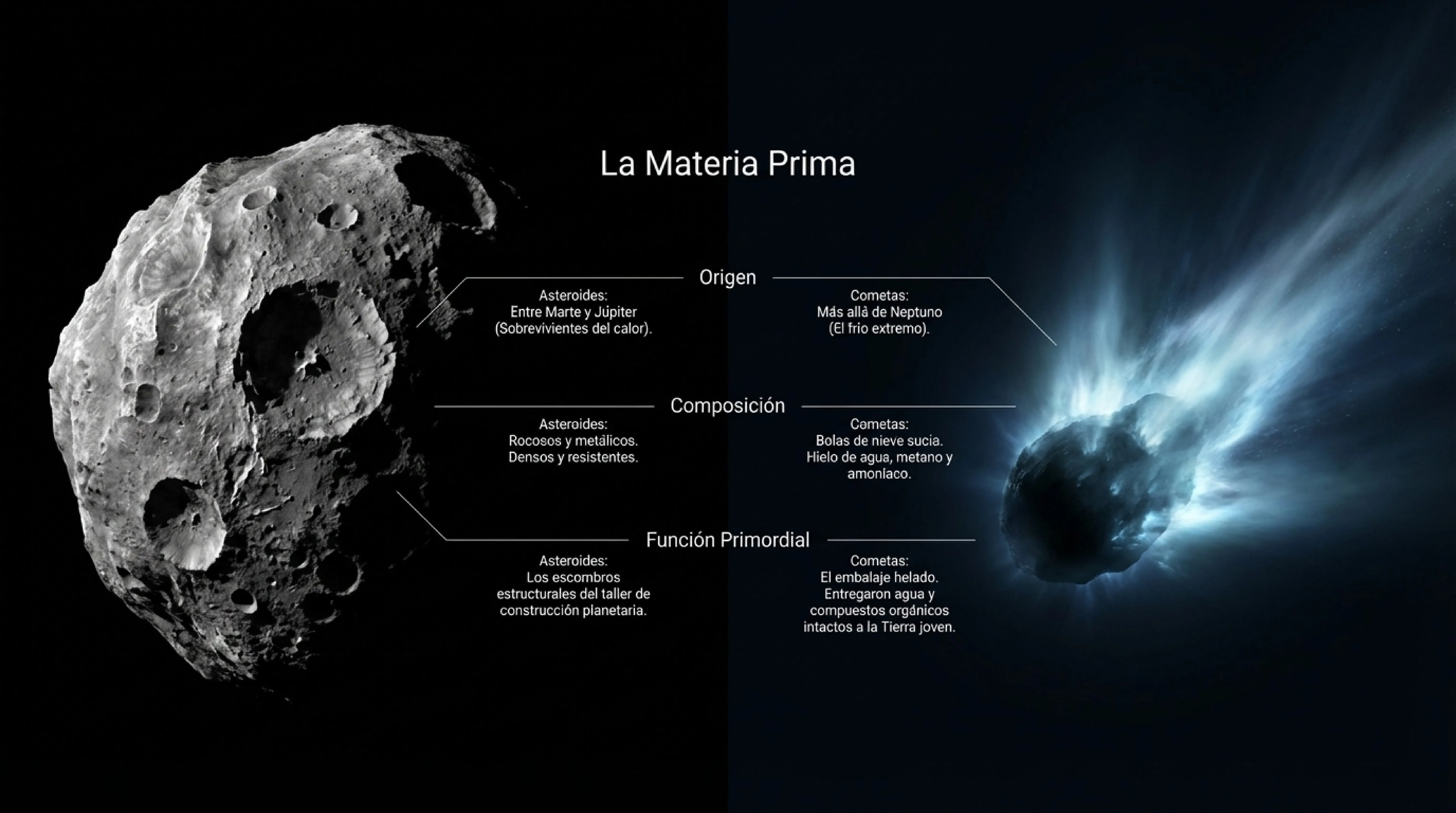 Comparativa visual entre un asteroide rocoso y un cometa con cola de gas.