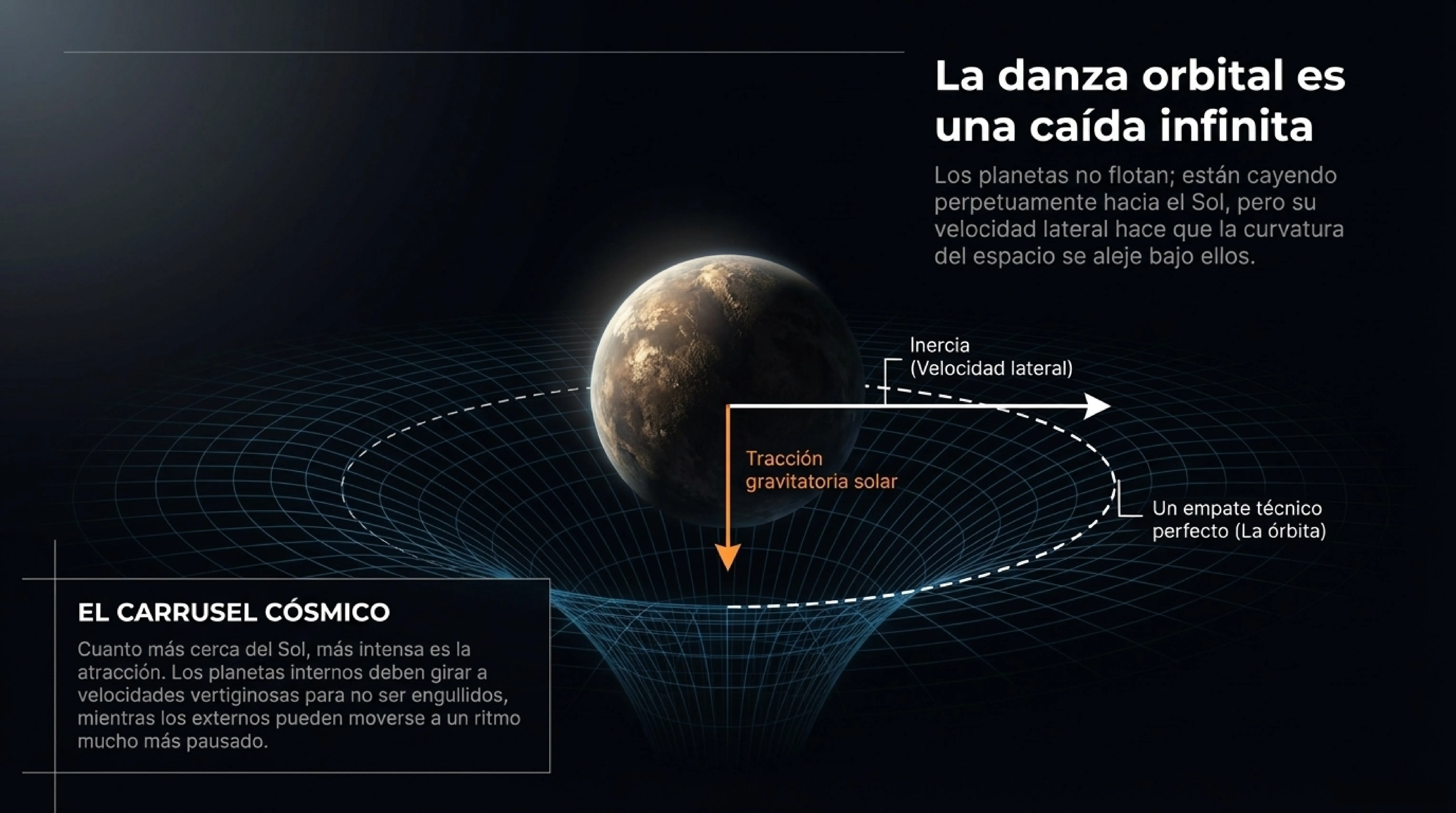 Representación de un planeta en una curvatura del espacio-tiempo, ilustrando la gravedad como caída.