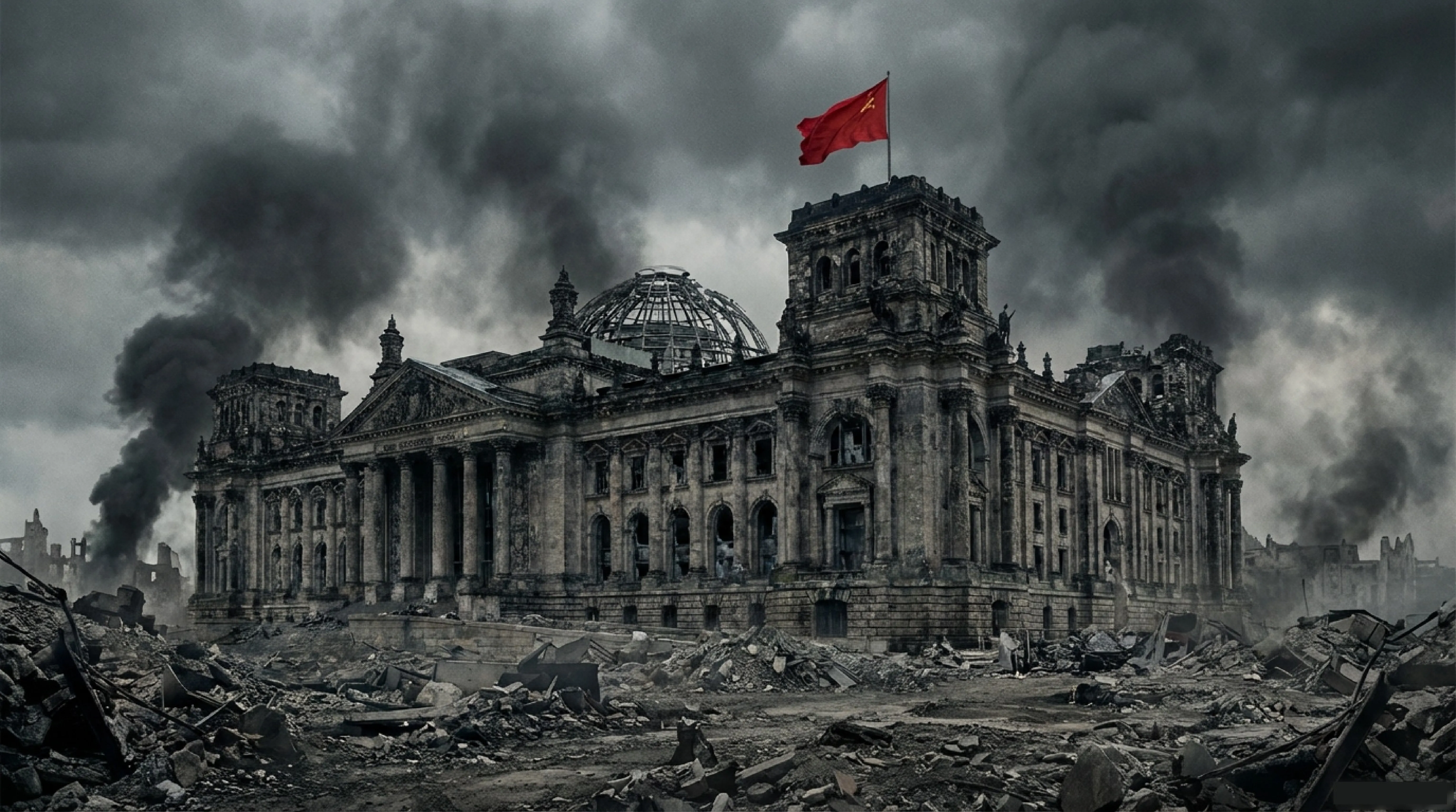 El Reichstag en ruinas con una bandera roja ondeando en la cima.