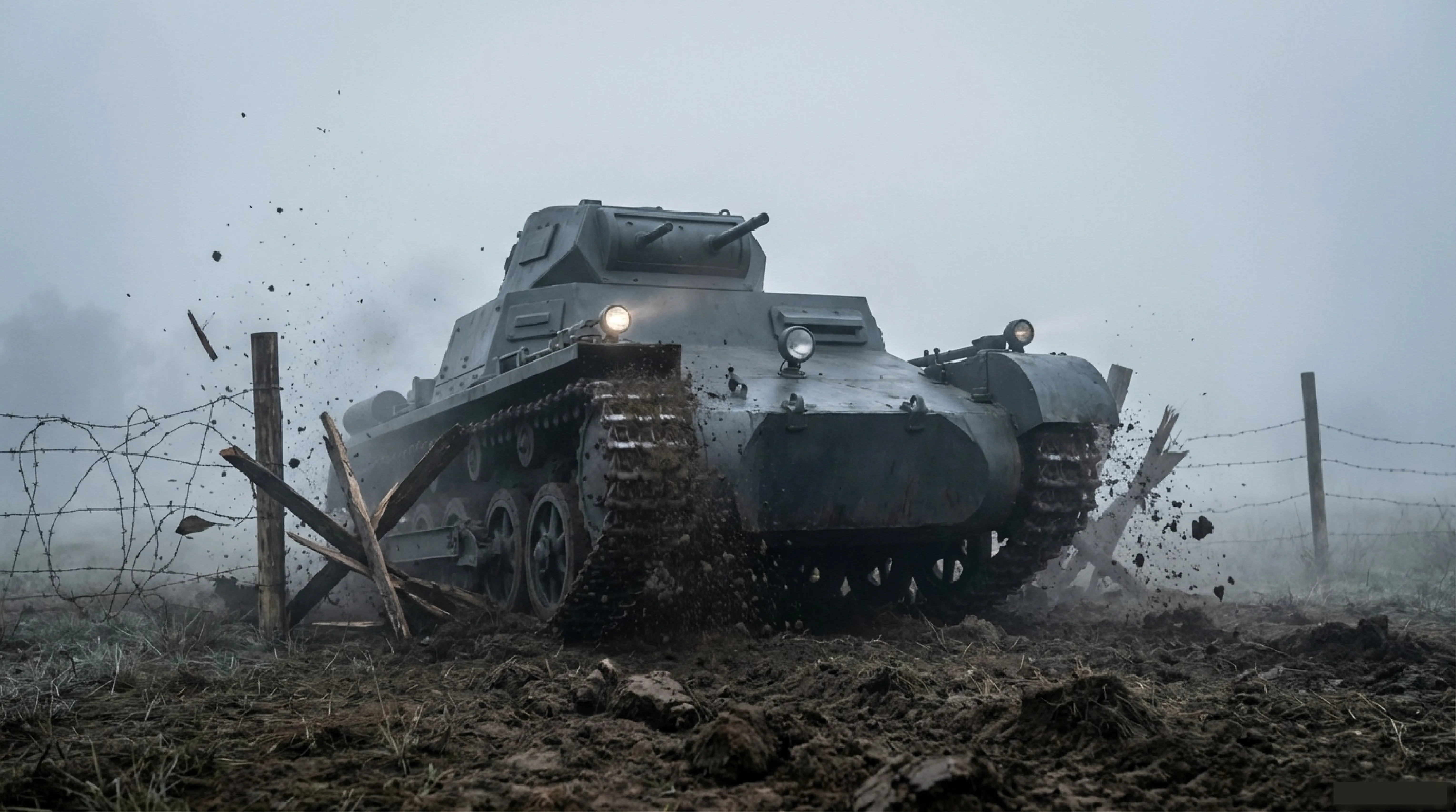 Un tanque militar avanza a través de terreno embarrado, rompiendo alambre de púas.
