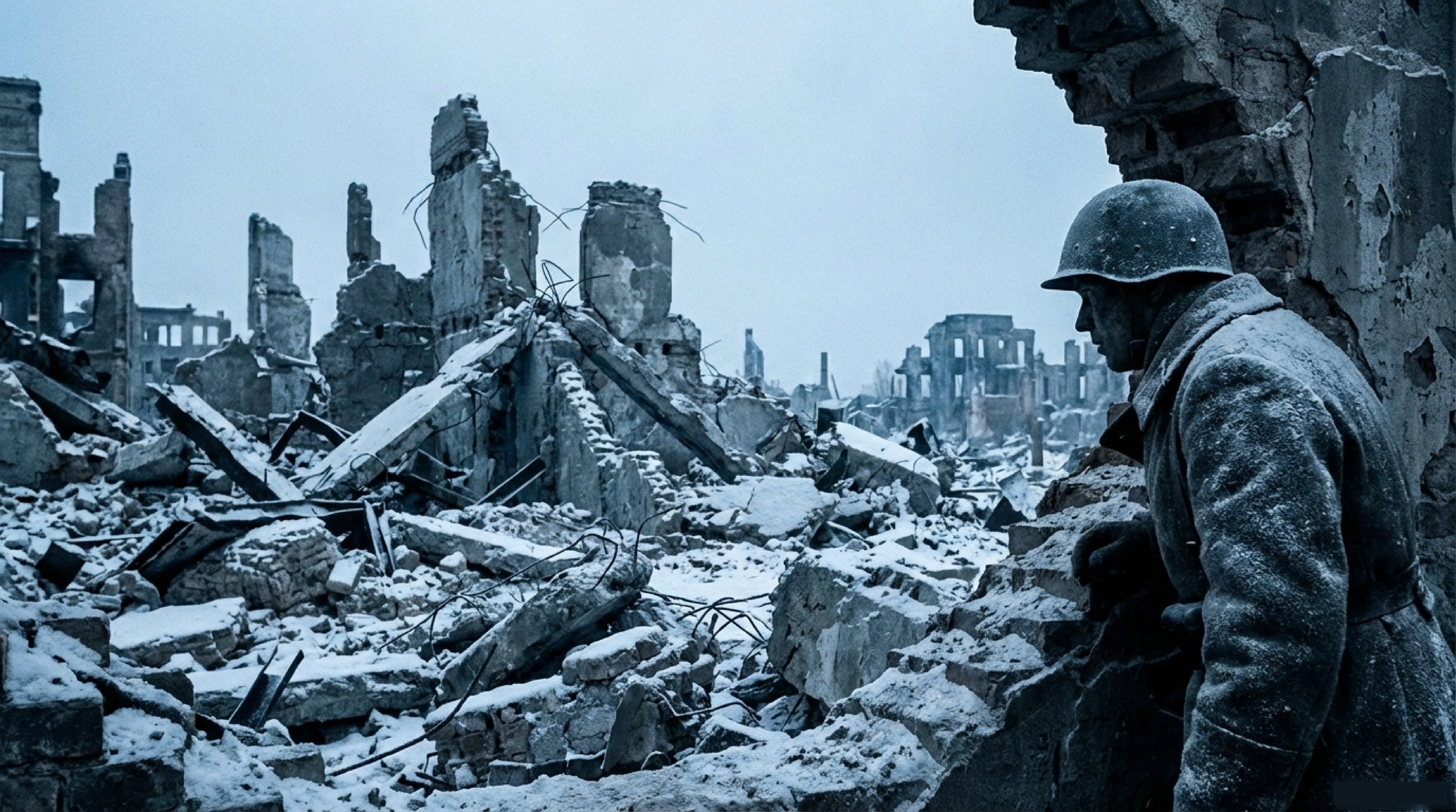 Un soldado observa las ruinas de una ciudad devastada por la guerra.