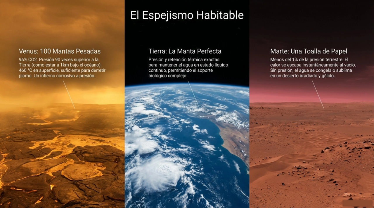 Panel comparativo de las superficies de Venus, la Tierra y Marte.